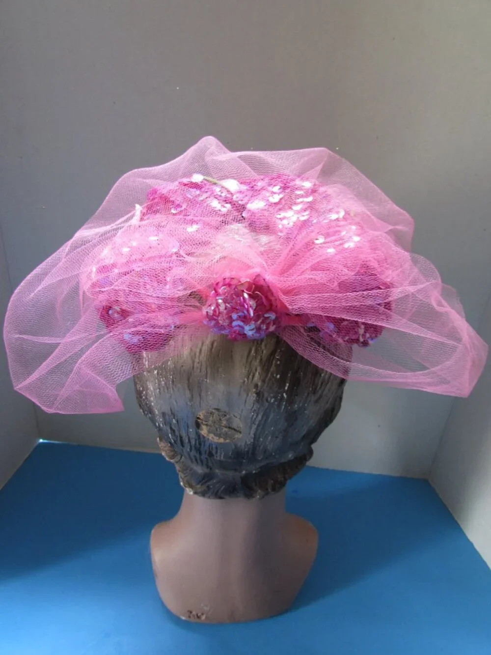 Vintage Half Hat Fuchsia Sequins Pink Veil